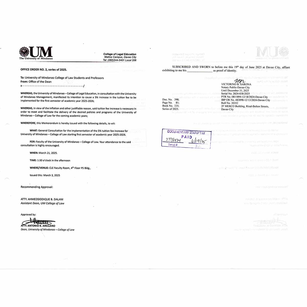 Notice of Intent for Tuition Fee Increase for College of Legal Education