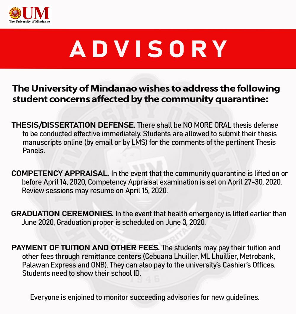 ADVISORY ON THE FOLLOWING STUDENT CONCERNS AFFECTED BY THE COMMUNITY QUARANTINE