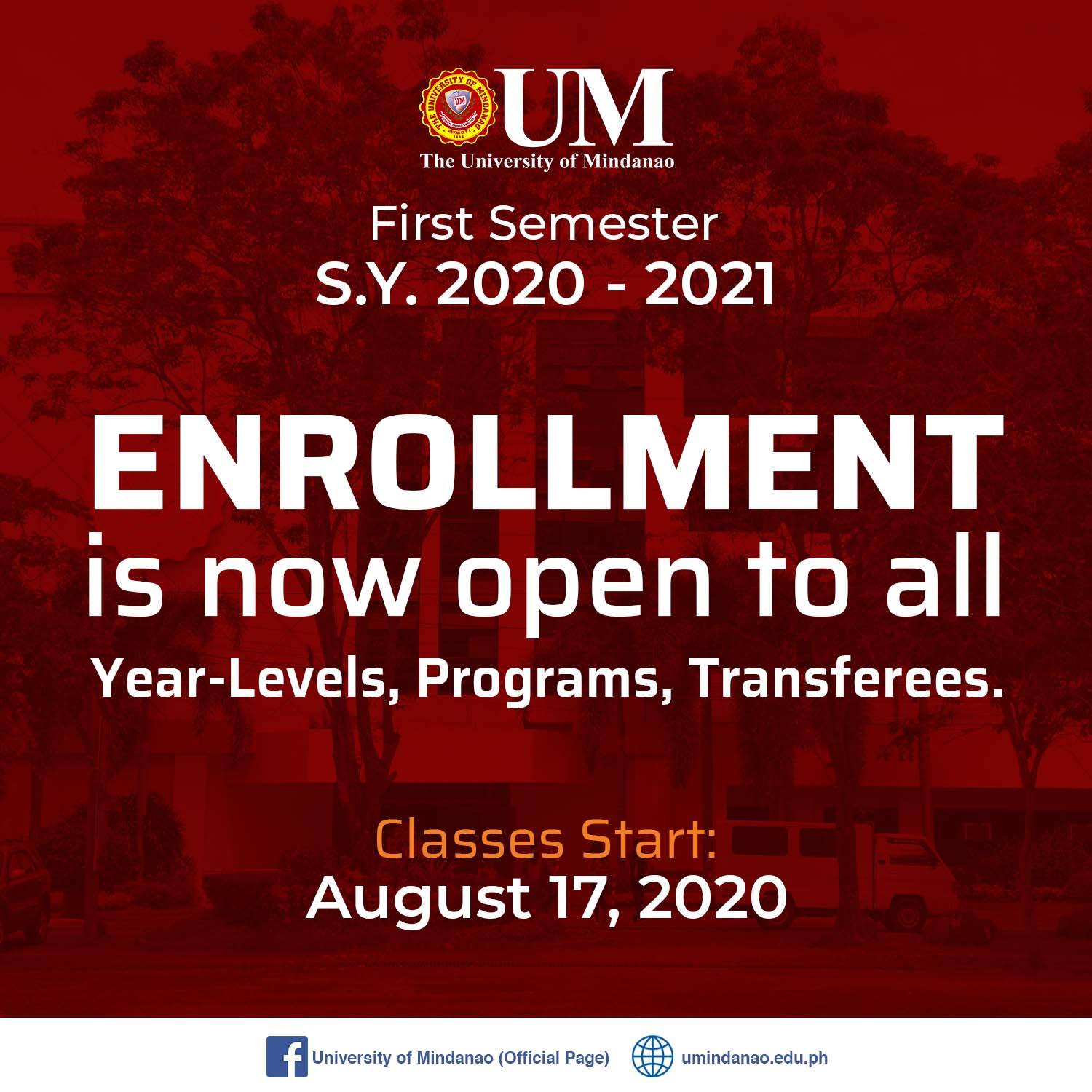Enrollment is now open to all year levels, academic programs, and transferees