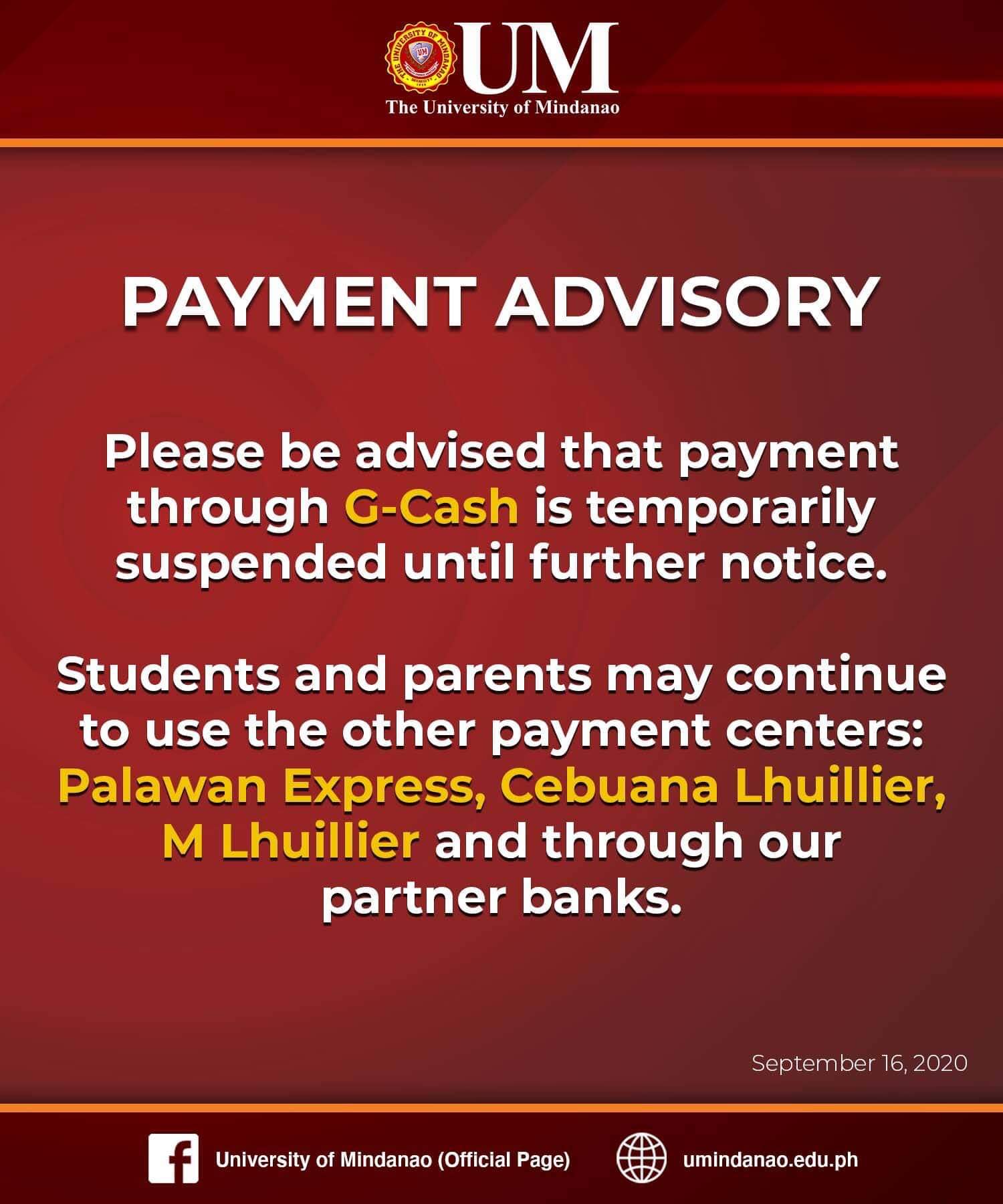 Payment through GCash is suspended