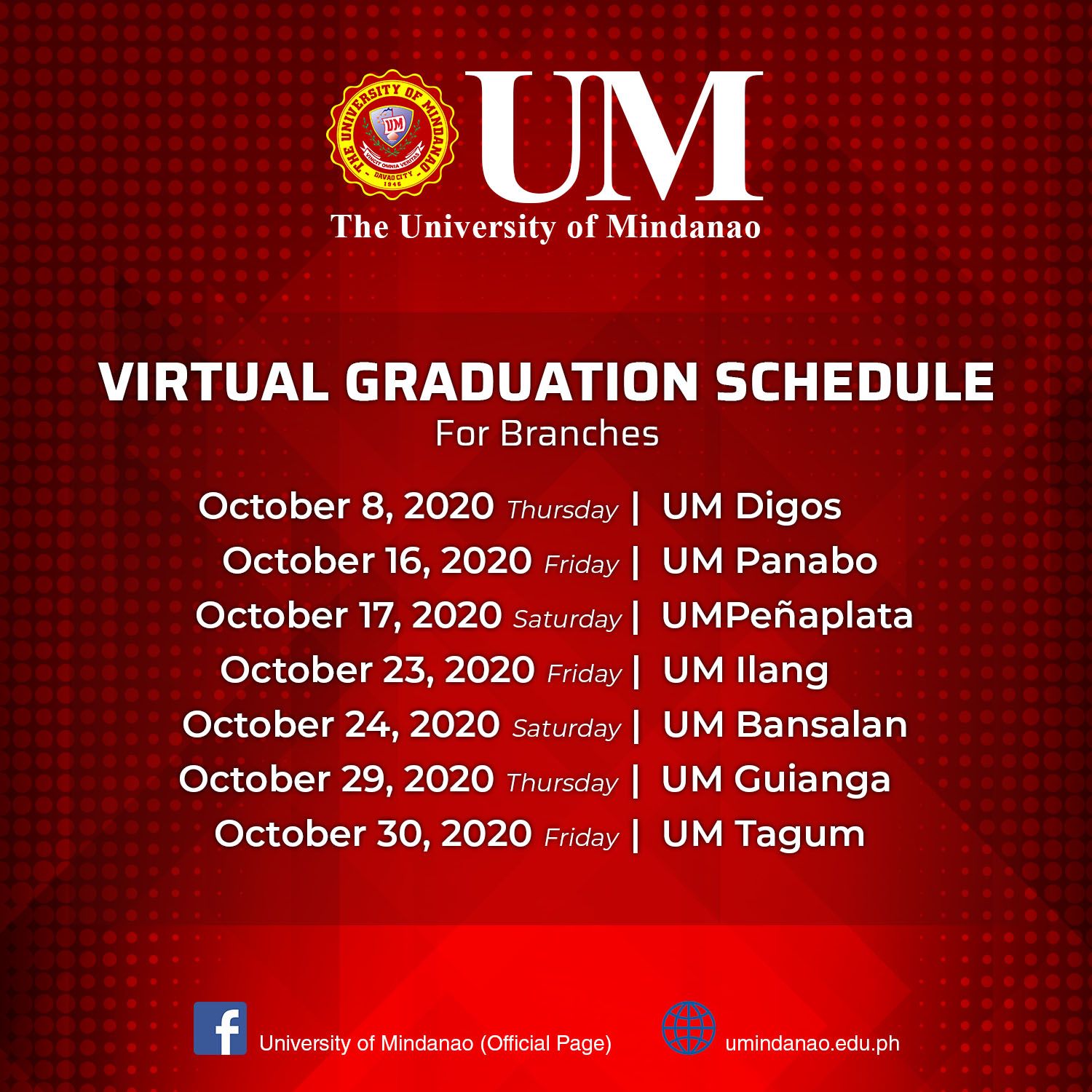 Announcement: Virtual Graduation schedules for Branch campuses