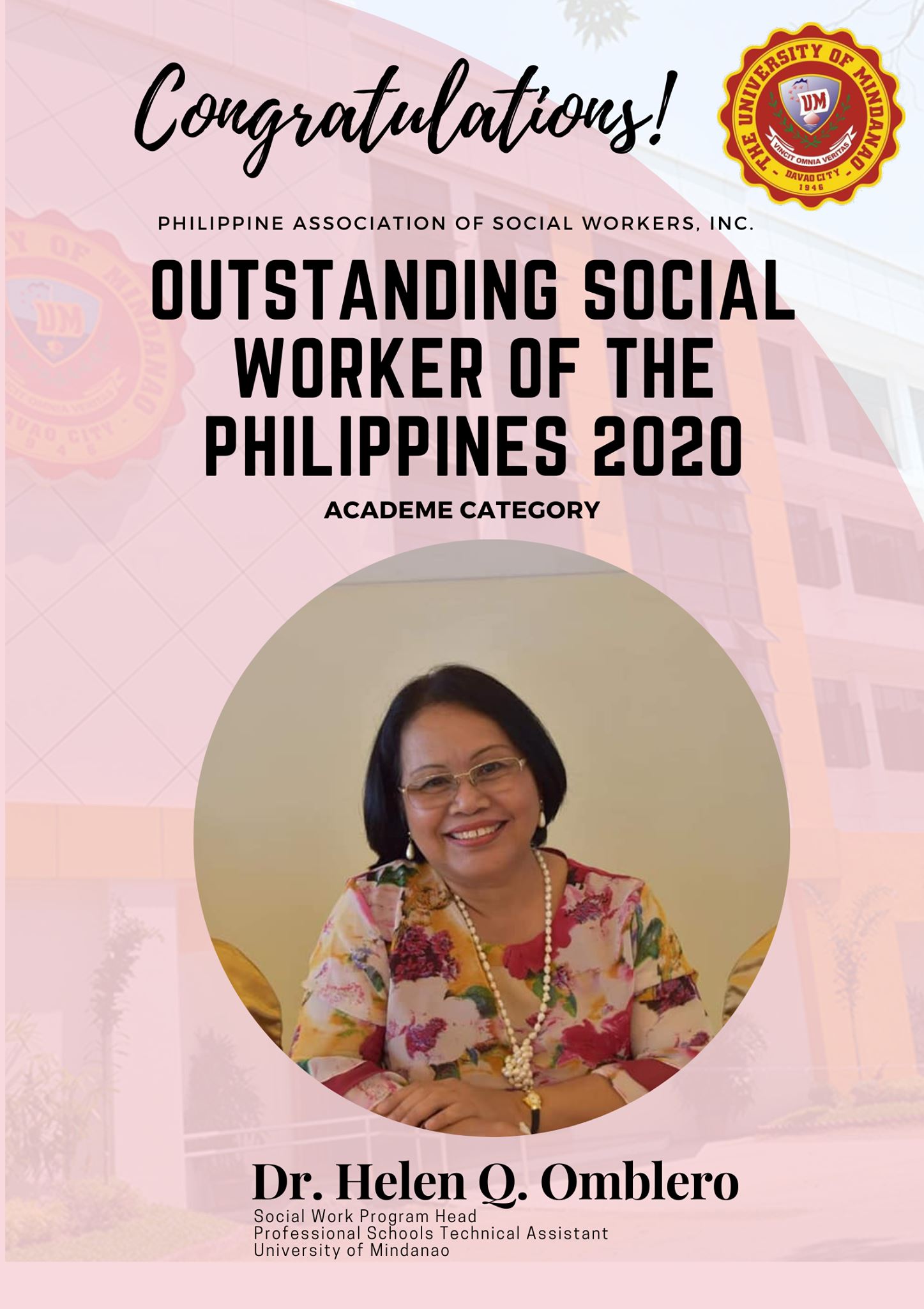 UM Program Head for Social Work is country's Most Outstanding Social Worker 2020