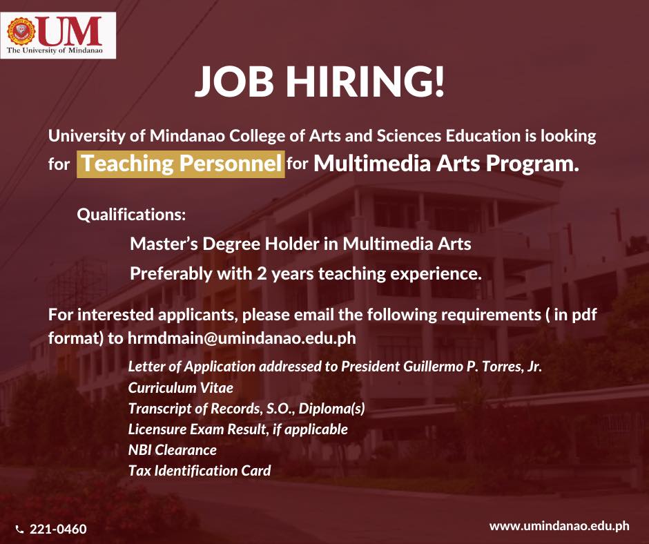 Hiring: Multimedia Arts Teaching Personnel
