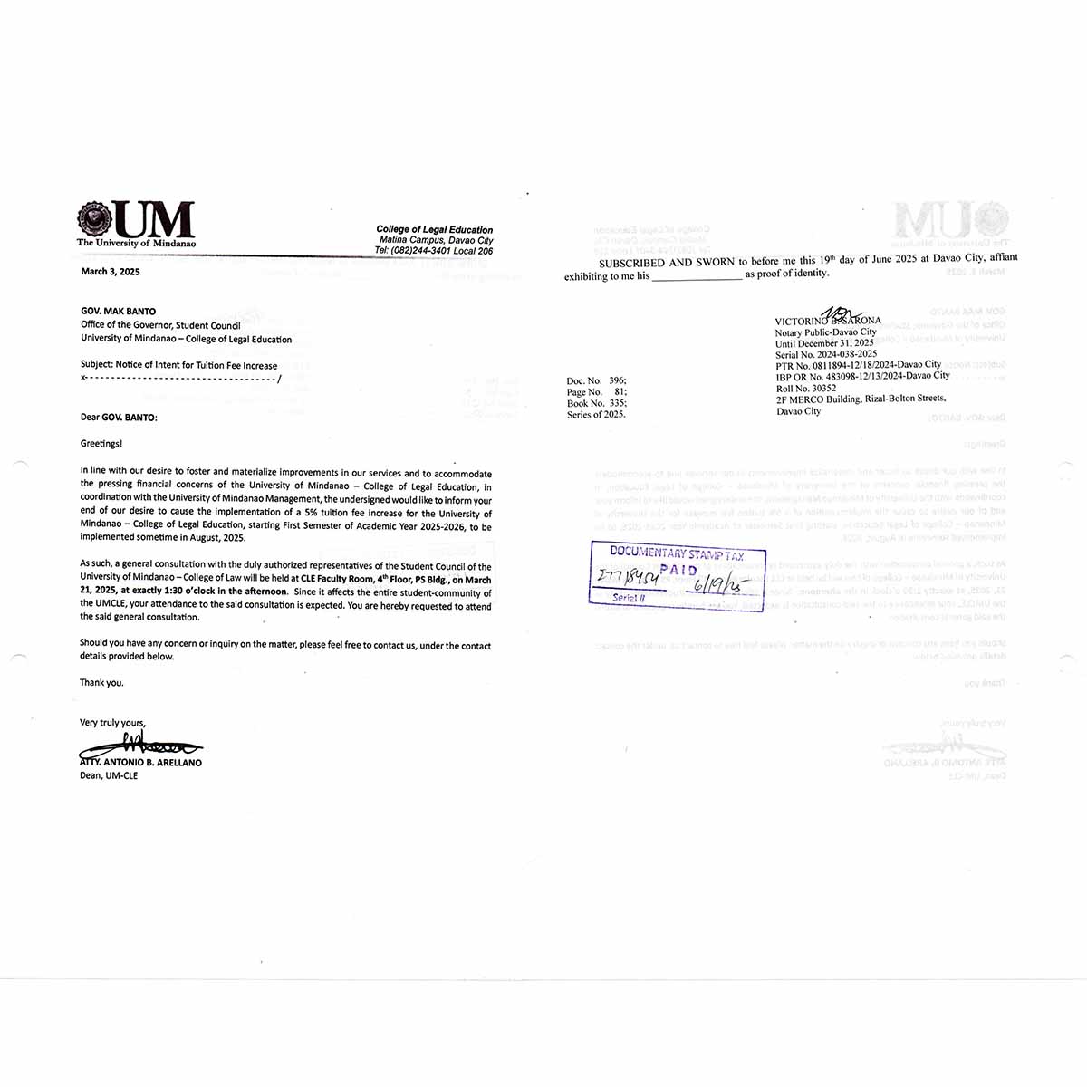 Notice of Intent for Tuition Fee Increase for College of Legal Education
