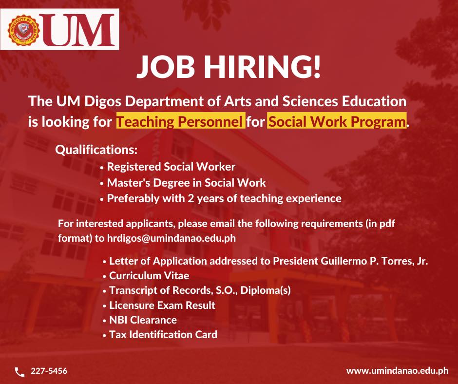 UM Digos is in need of BS Social Work teaching personnel