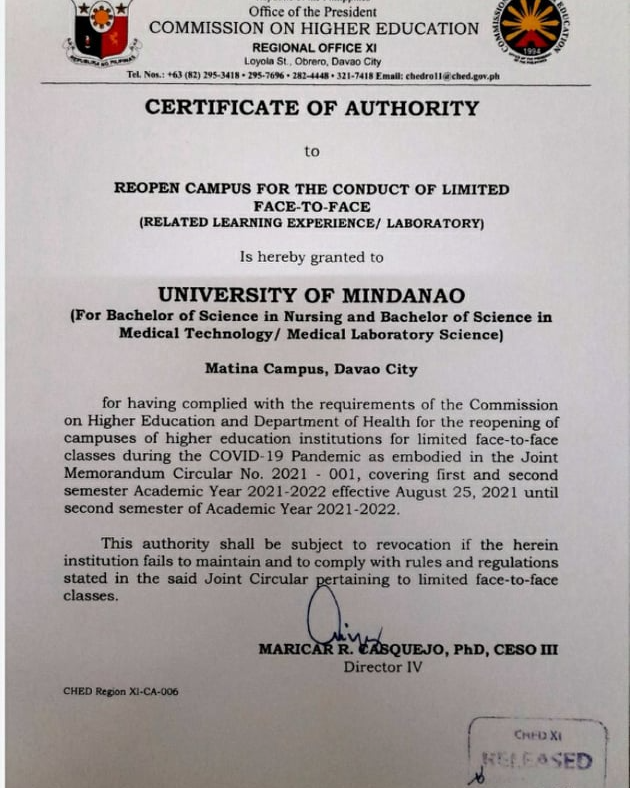 CHED approves UM for limited F2F for CHSE programs