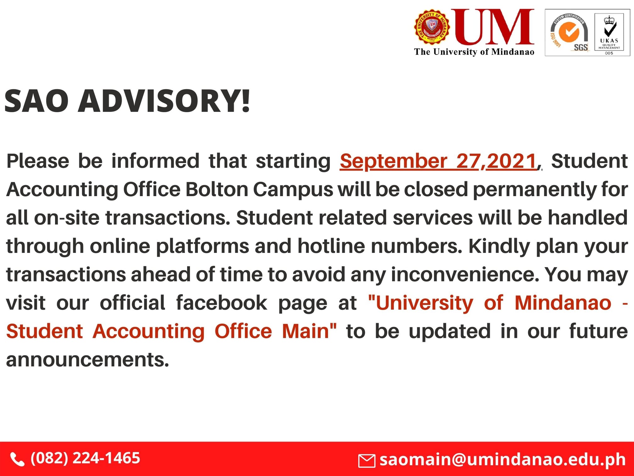 PLEASE BE GUIDED: SAO permanent cease of onsite transaction