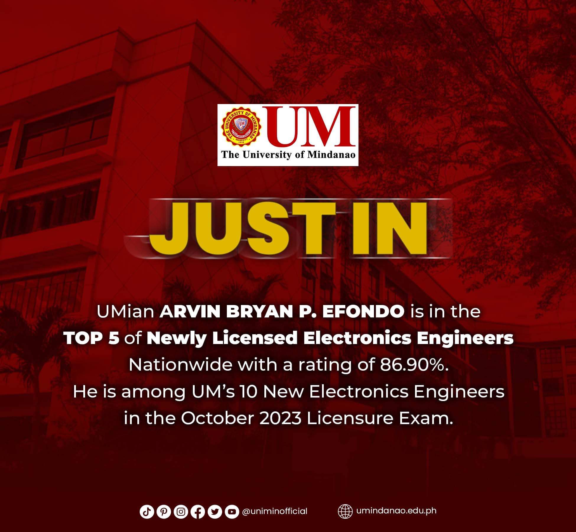 UM posts 5th placer in Electronics Engineer licensure examination