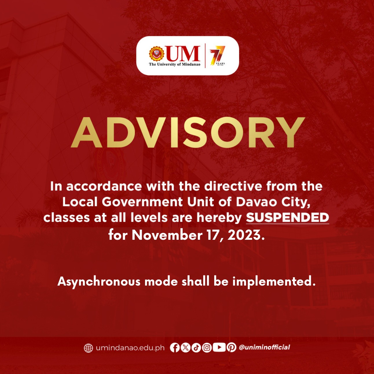 ADVISORY: Classes suspended on Nov. 17