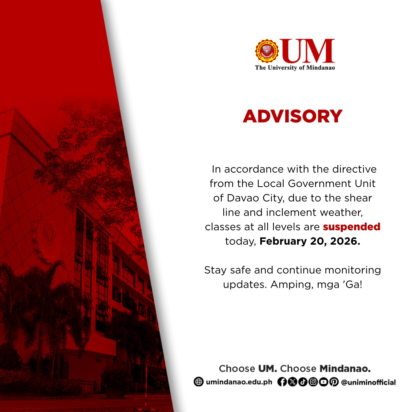 ADVISORY: Class suspension due to inclement weather in accordance to LGU proclamation