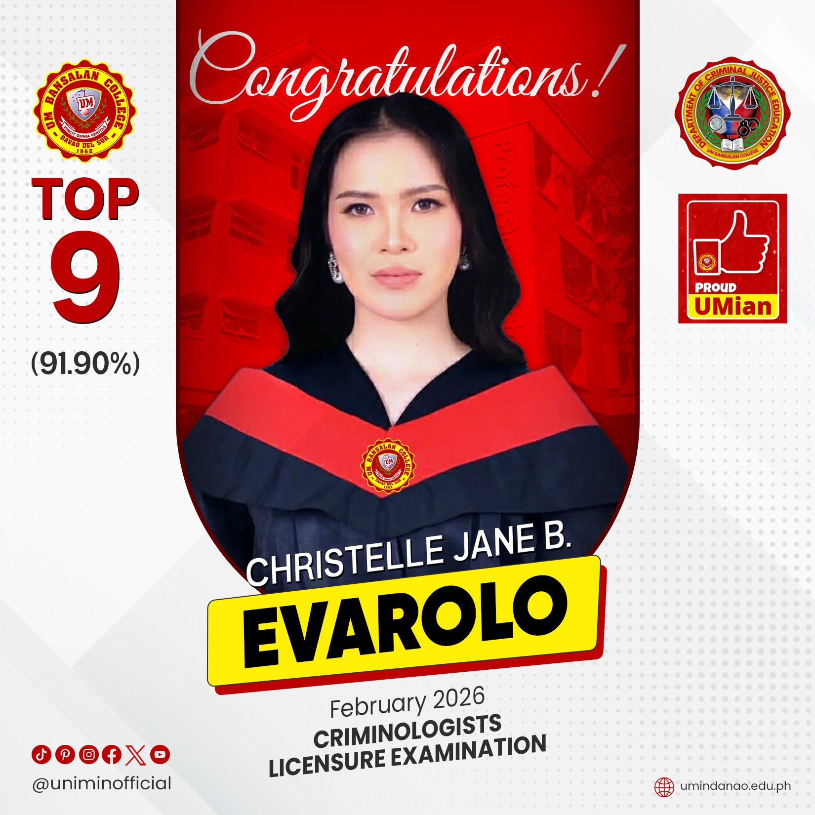 UMians come out on top in February 2026 Criminologist Licensure Exam