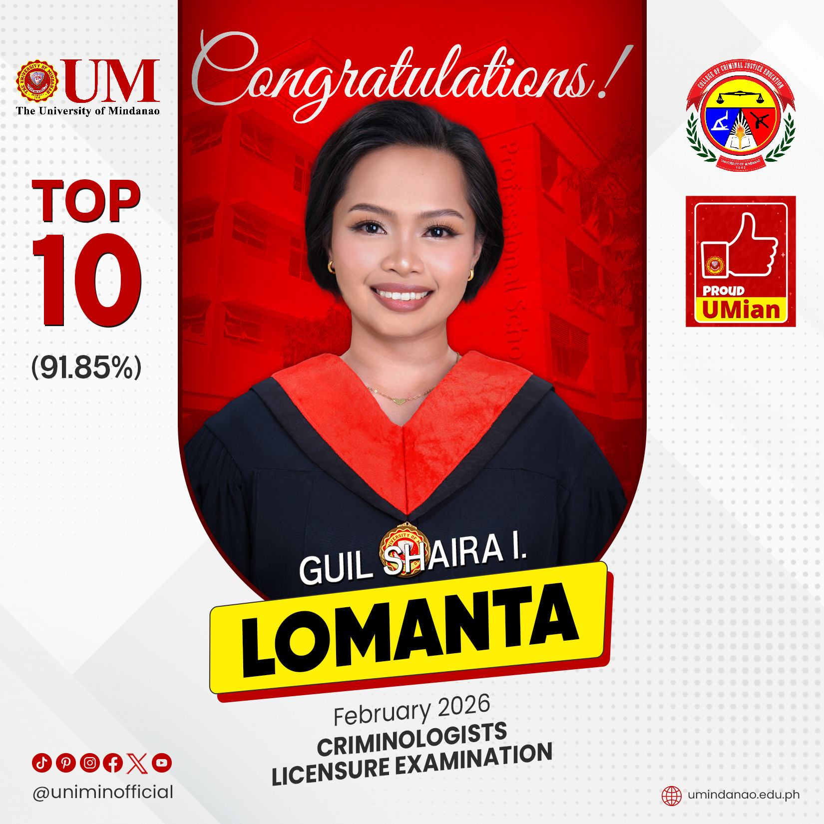 UMians come out on top in February 2026 Criminologist Licensure Exam