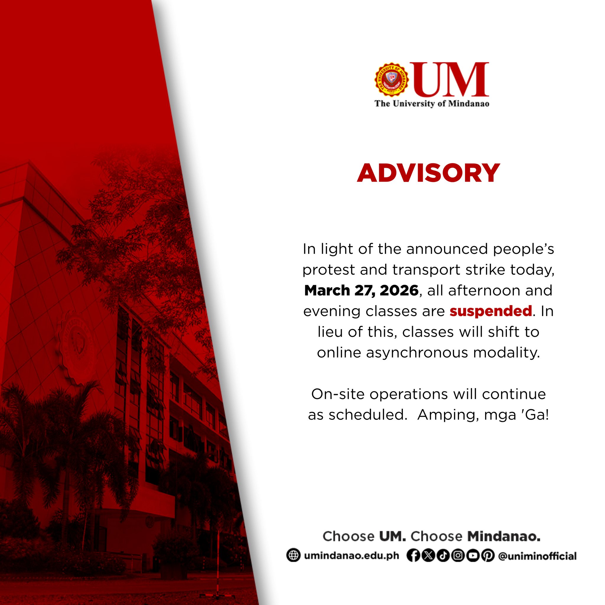 Suspension of Classes (March 27, 2026): Please Read